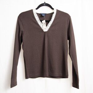 NWT Anne Taylor Women's Lace Trim V Neck Long Sleeve Shirt Brown M